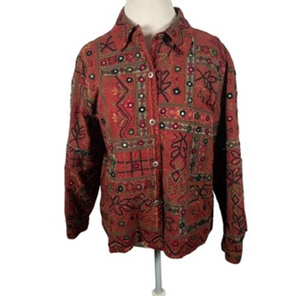 Chicos Rust Red Multi Embroidered Applique Jacket Vintage Boho Size 3 = XL - Picture 2 of 12